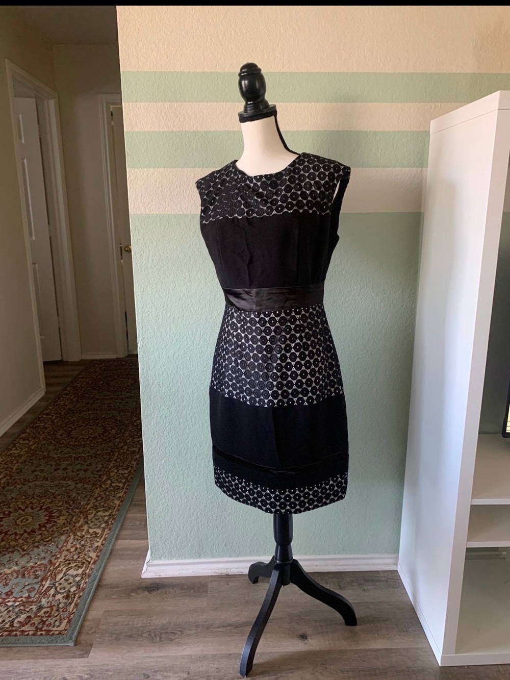 Studio One Black Patterned Midi Dress with Satin Waist Women’s 6